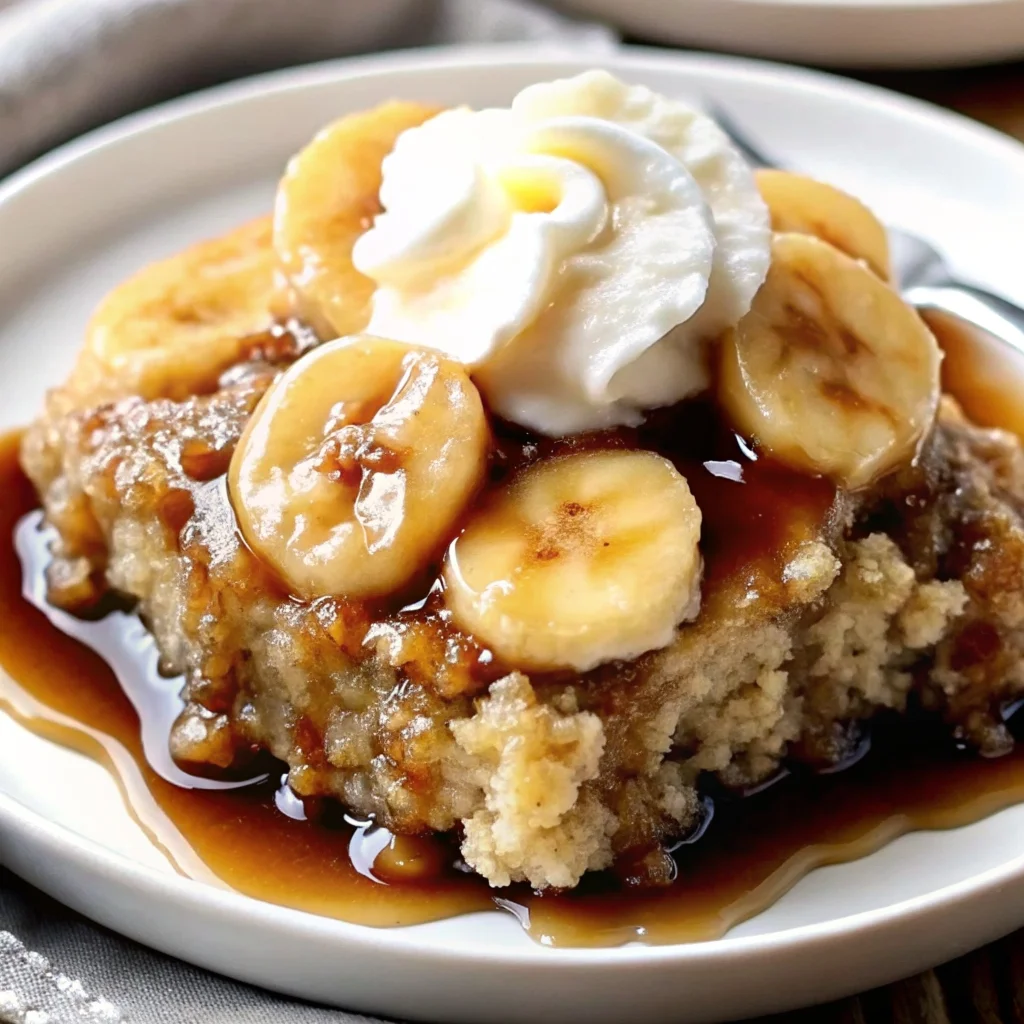 Easy bananas foster cobbler – warm, caramelized banana dessert with buttery biscuit topping