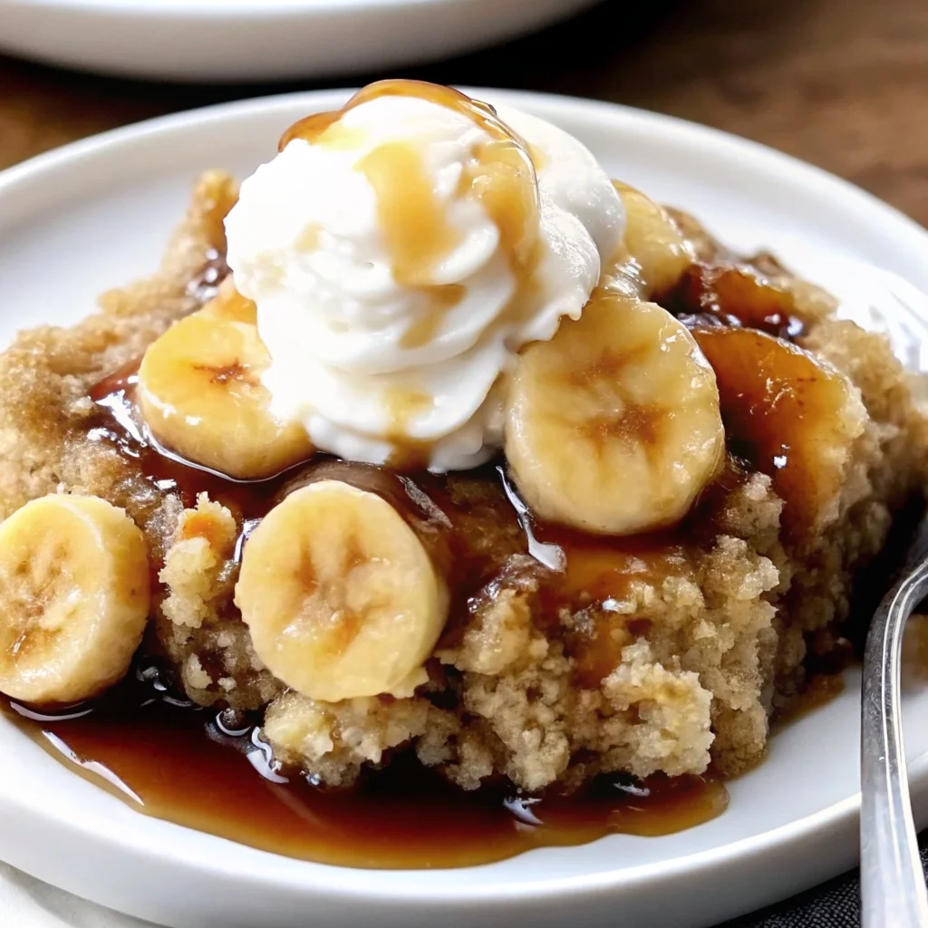 Easy bananas foster cobbler – warm, caramelized banana dessert with buttery biscuit topping