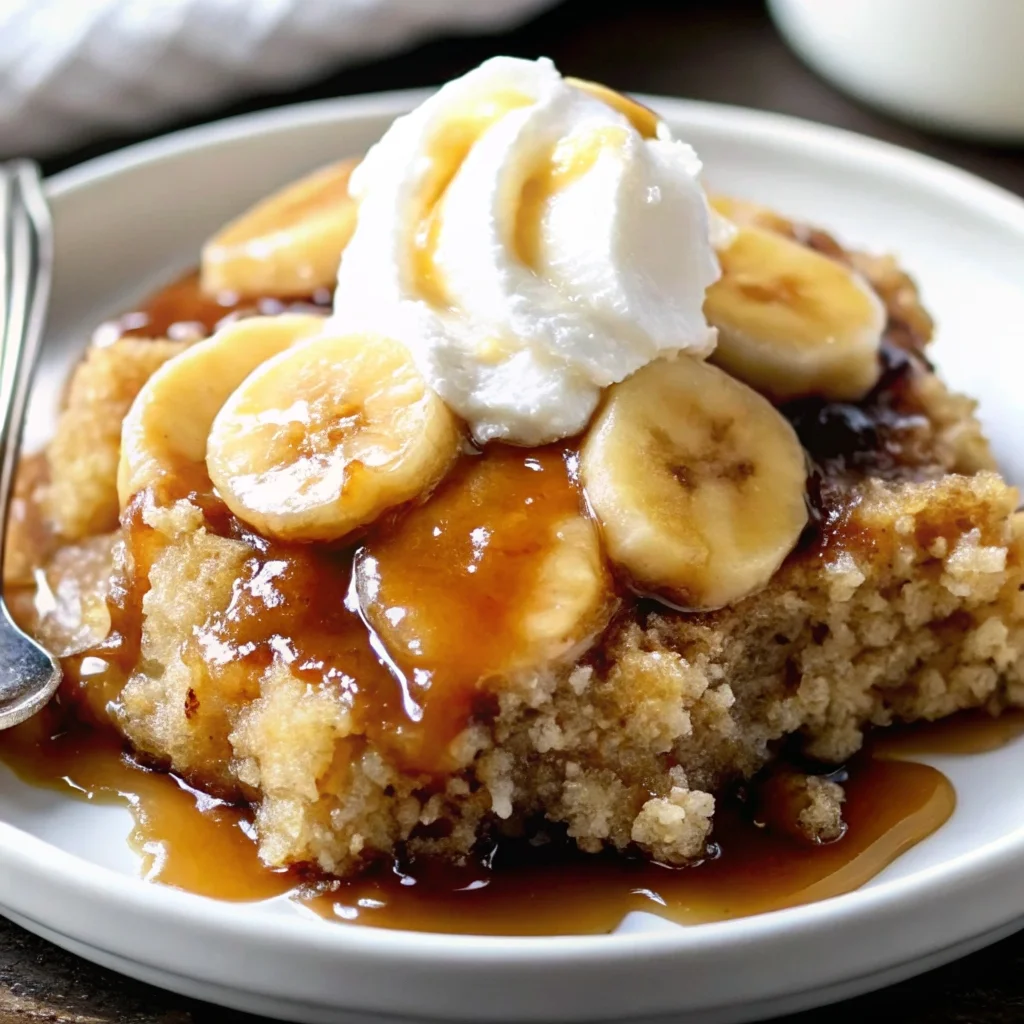Easy bananas foster cobbler – warm, caramelized banana dessert with buttery biscuit topping