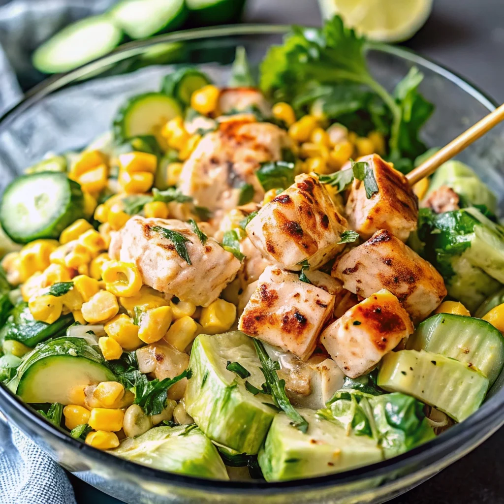 Easy street corn creamy cucumber chicken salad – fresh, vibrant summer salad with grilled chicken, corn, and creamy dressing