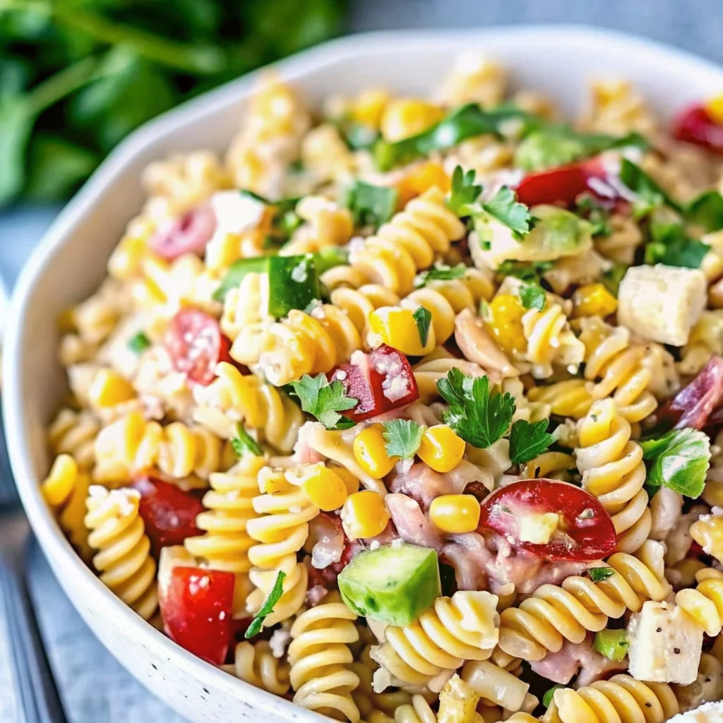 Easy street corn pasta salad – vibrant pasta salad with corn, tomatoes, feta, and creamy dressing