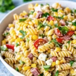 Easy street corn pasta salad – vibrant pasta salad with corn, tomatoes, feta, and creamy dressing