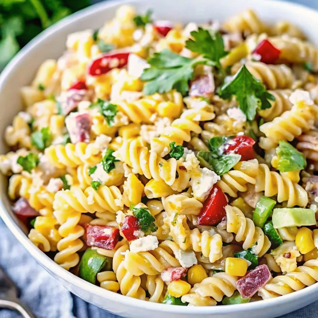 Easy street corn pasta salad – vibrant pasta salad with corn, tomatoes, feta, and creamy dressing