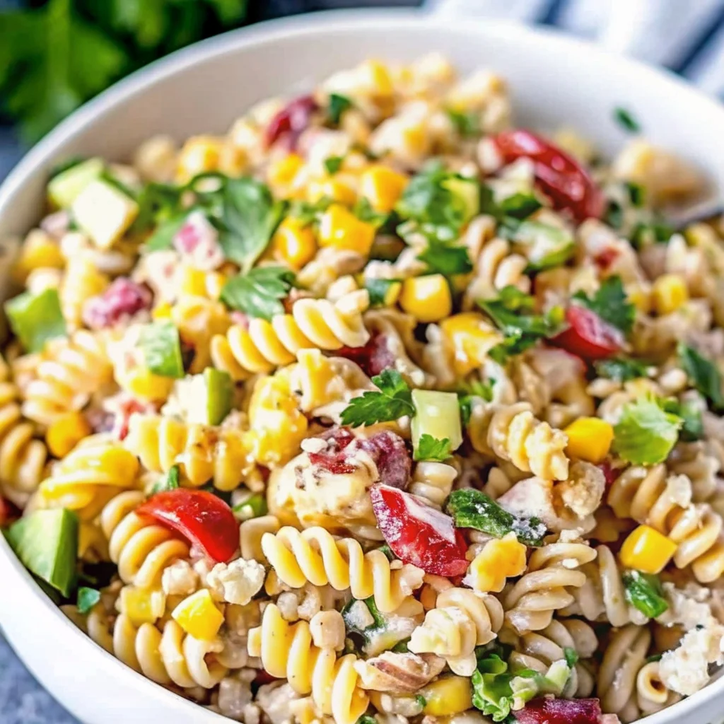 Easy street corn pasta salad – vibrant pasta salad with corn, tomatoes, feta, and creamy dressing