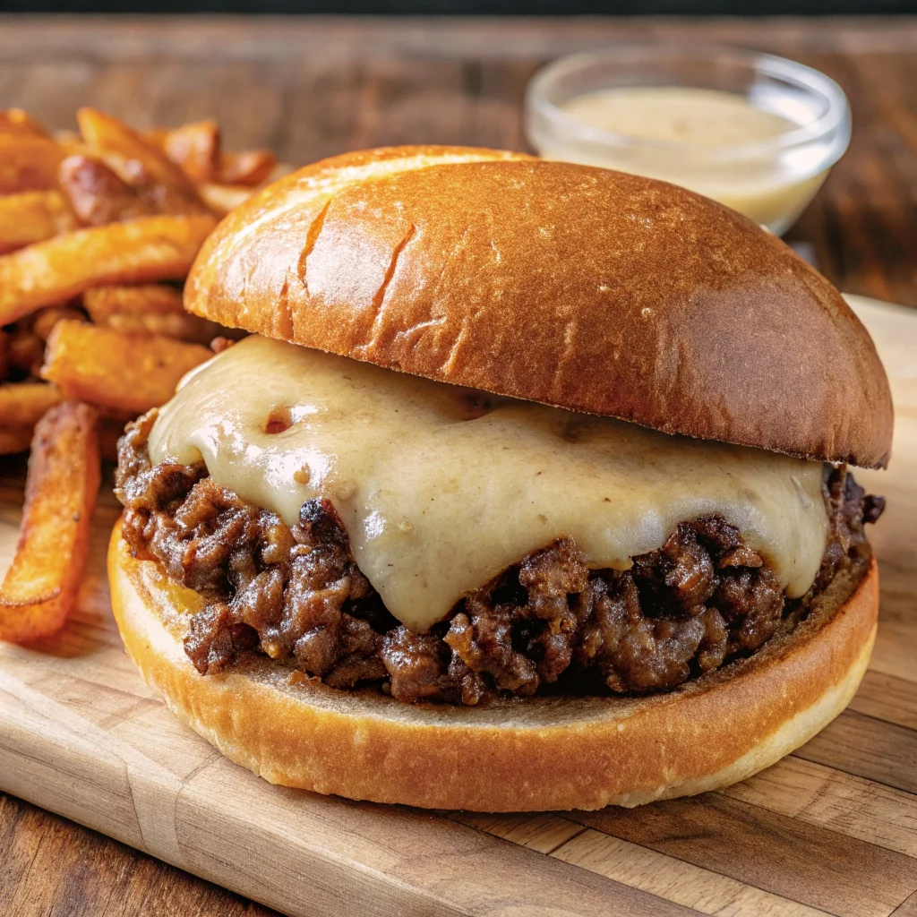 Easy french onion beef sloppy joes – savory ground beef with caramelized onions and melted Swiss cheese