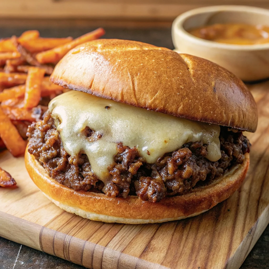 Easy french onion beef sloppy joes – savory ground beef with caramelized onions and melted Swiss cheese