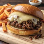 Easy french onion beef sloppy joes – savory ground beef with caramelized onions and melted Swiss cheese