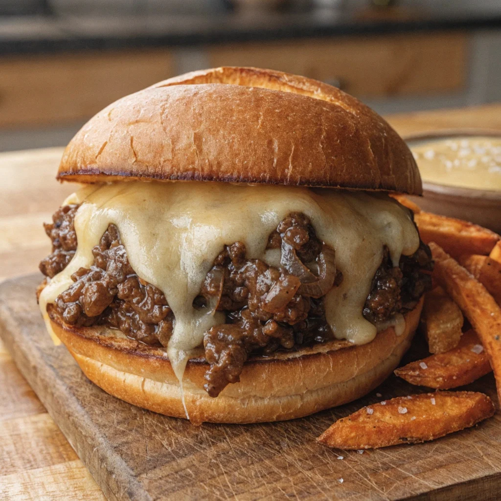 Easy french onion beef sloppy joes – savory ground beef with caramelized onions and melted Swiss cheese