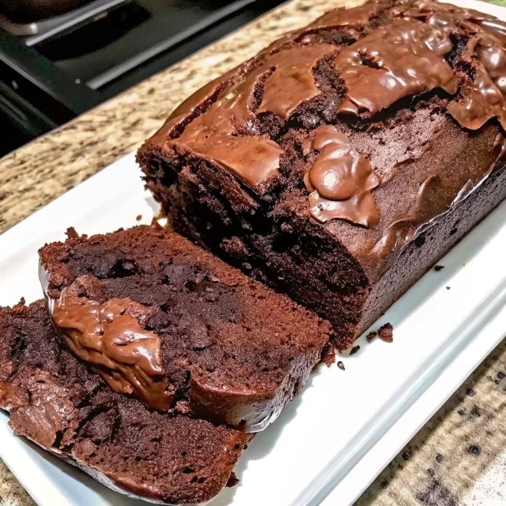 Easy hot fudge brownie bread – rich, fudgy chocolate loaf with chocolate chips and hot fudge drizzle
