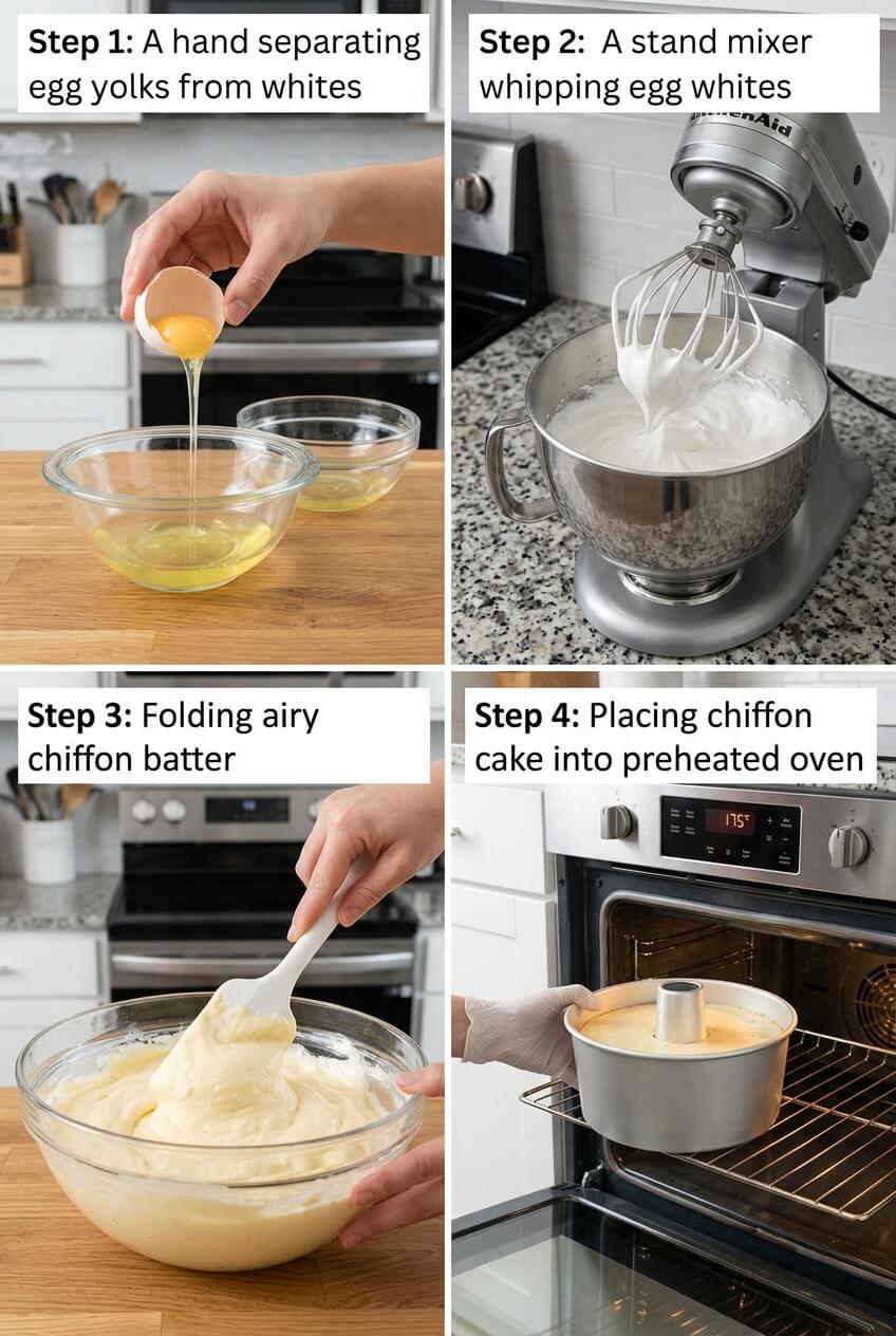 Folding fluffy egg whites into lemon cake batter