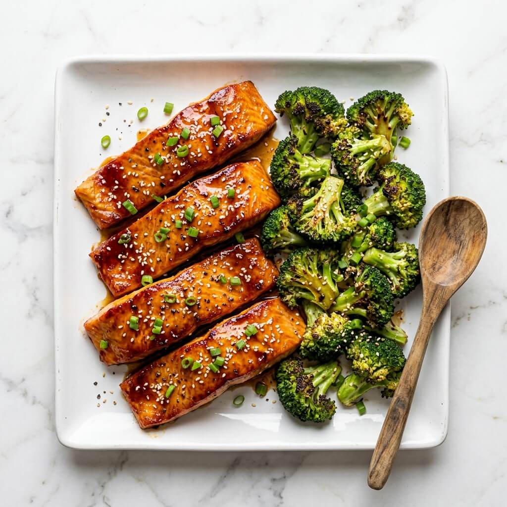 Honey Garlic Glazed Salmon with Roasted Broccoli (Sheet Pan) Recipe - Honey Garlic Glazed Salmon with Roasted Broccoli (Sheet Pan) Recipe served in a white bowl overhead view
