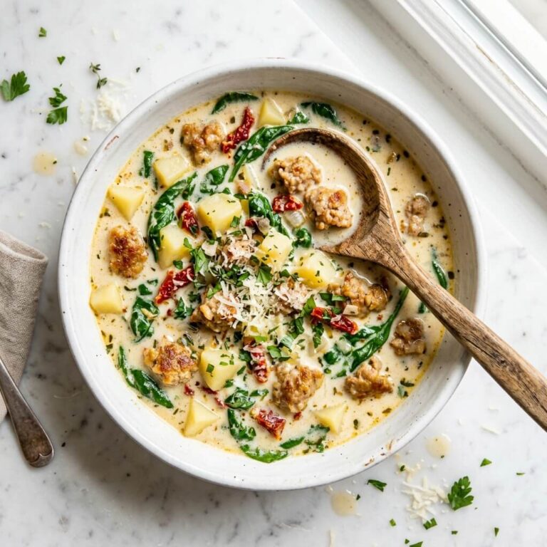 Creamy Tuscan Sausage & Potato Soup (30 Minutes) Recipe - Creamy Tuscan Sausage & Potato Soup (30 Minutes) Recipe served in a white bowl overhead view