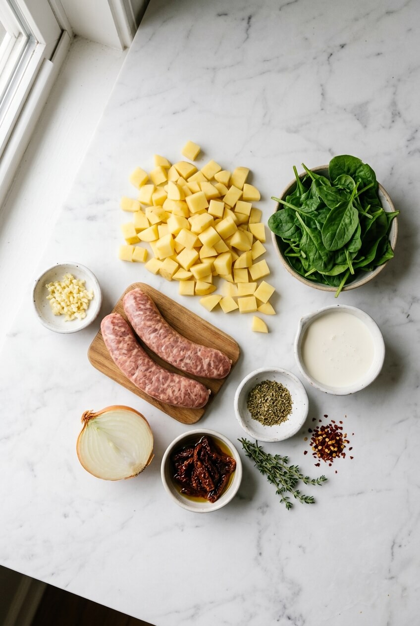 Ingredients for Creamy Tuscan Sausage & Potato Soup laid out flat