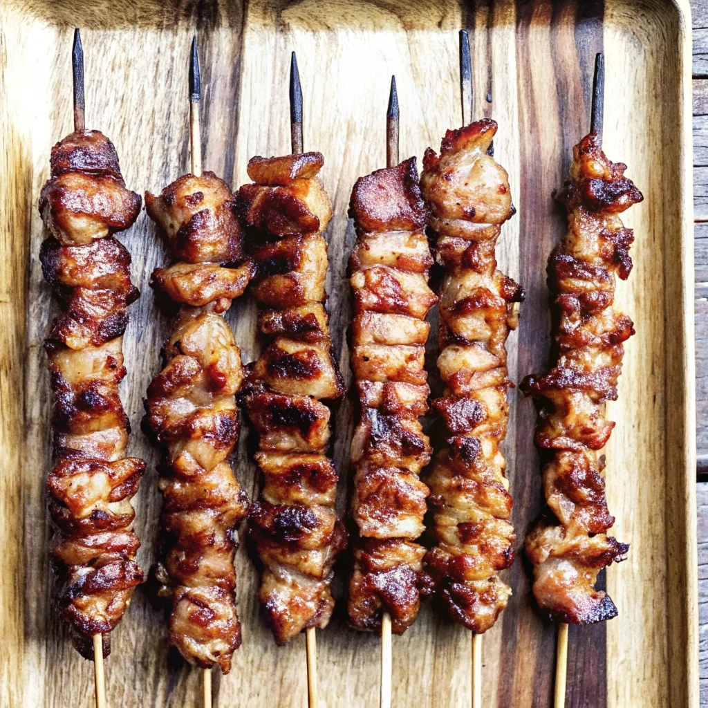 Easy grilled thai coconut chicken skewers – juicy, charred, with a sticky honey glaze and peanut sauce