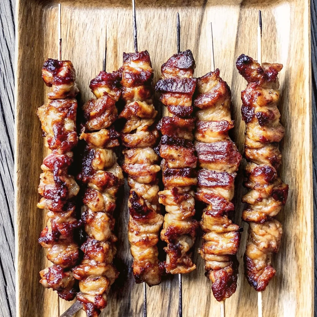 Easy grilled thai coconut chicken skewers – juicy, charred, with a sticky honey glaze and peanut sauce