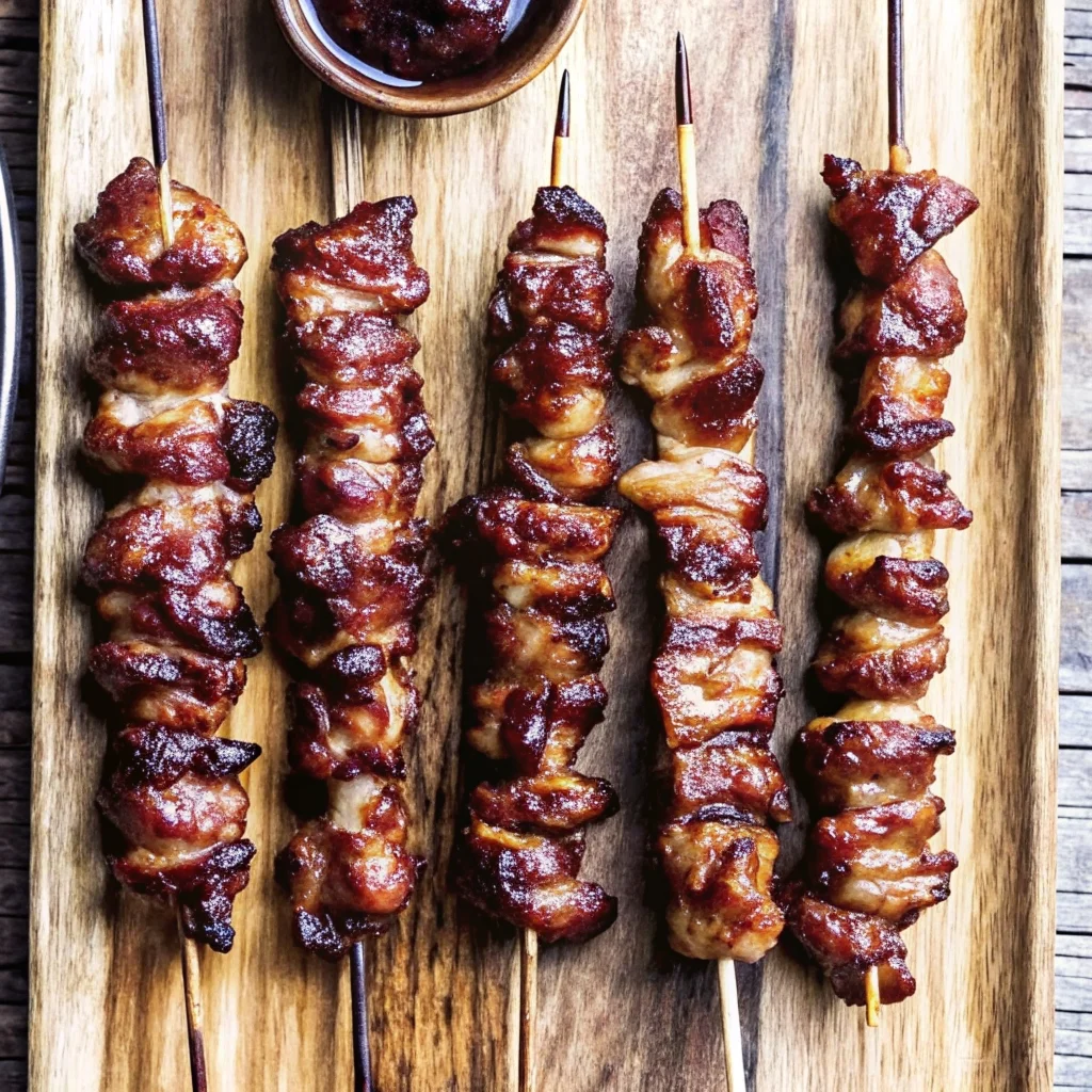 Easy grilled thai coconut chicken skewers – juicy, charred, with a sticky honey glaze and peanut sauce