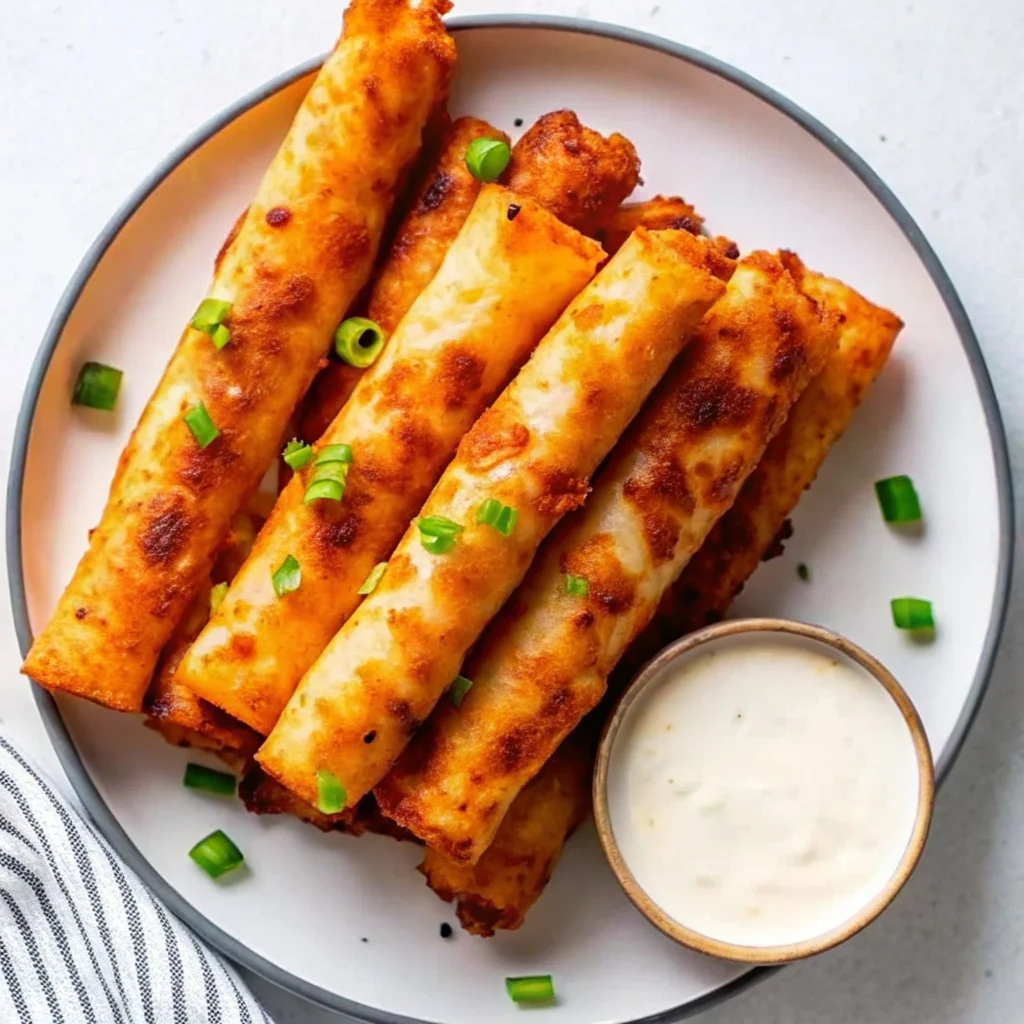 Easy buffalo chicken taquitos – crispy, spicy, cheesy rolled tacos with buffalo sauce