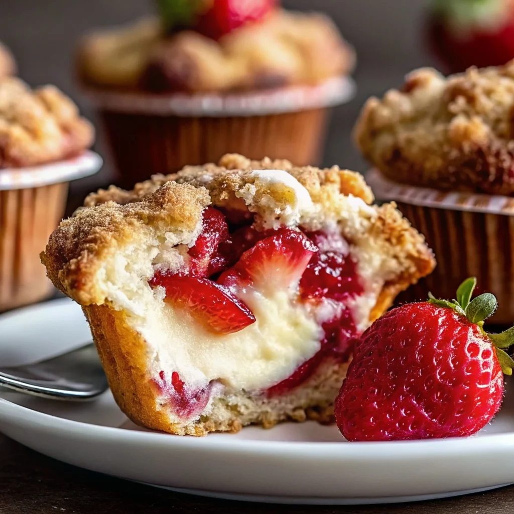 Easy strawberry cream cheese muffins – soft muffins with a creamy cheesecake center and fresh strawberries