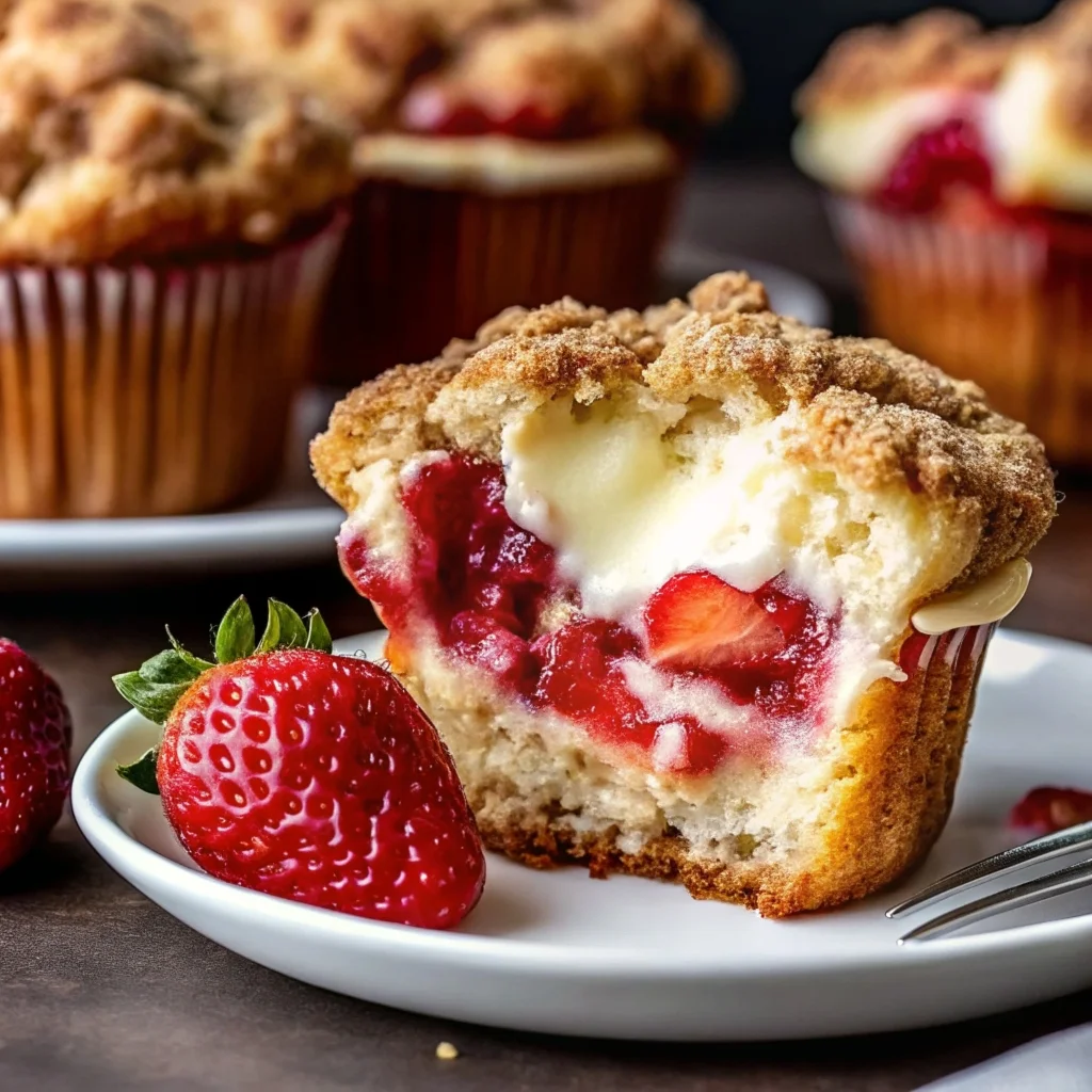 Easy strawberry cream cheese muffins – soft muffins with a creamy cheesecake center and fresh strawberries
