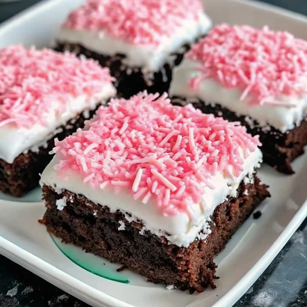 Easy sno ball brownies – fudgy chocolate brownies with marshmallow and pink coconut topping