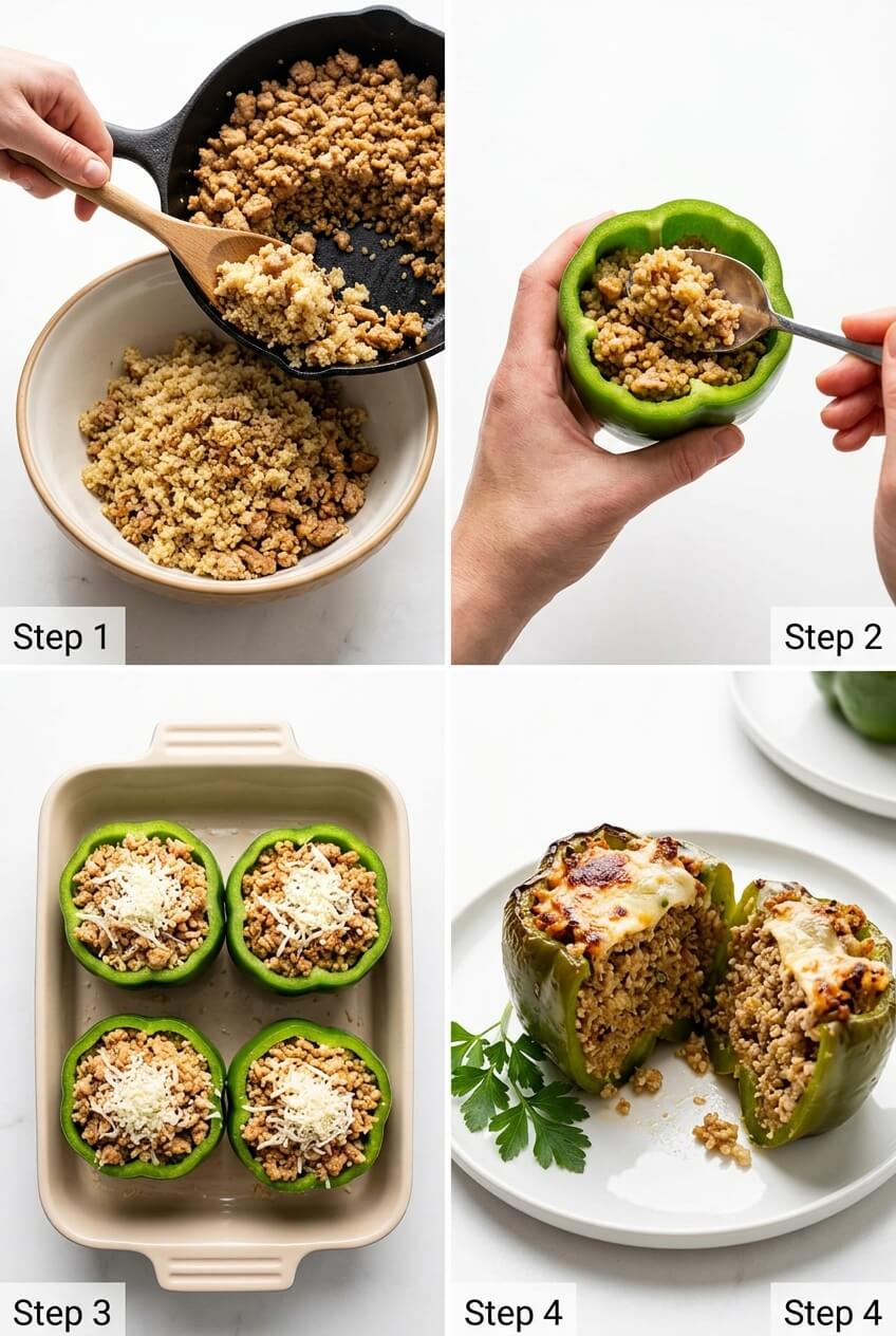 Scooping the turkey and quinoa filling into a bell pepper