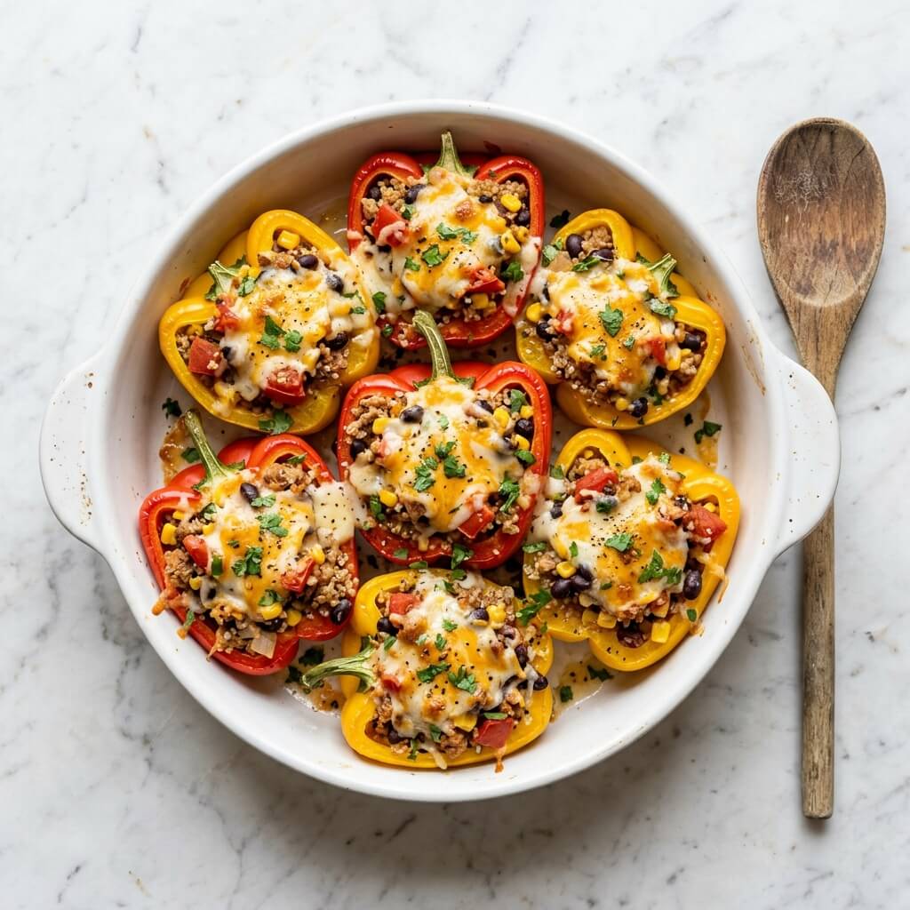 Stuffed Bell Peppers with Ground Turkey and Quinoa ready to eat
