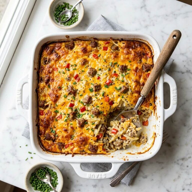 Cheesy Sausage & Hash Brown Breakfast Casserole (Overnight Prep) Recipe - Cheesy Sausage & Hash Brown Breakfast Casserole (Overnight Prep) Recipe served in a white bowl overhead view