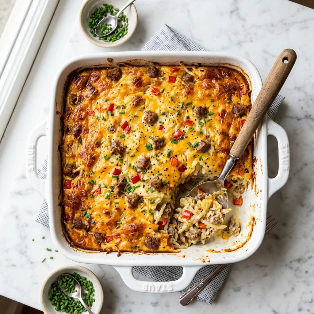 Cheesy Sausage & Hash Brown Breakfast Casserole slice on a plate