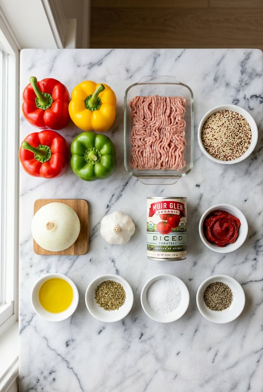 Ingredients for making stuffed peppers laid out flat