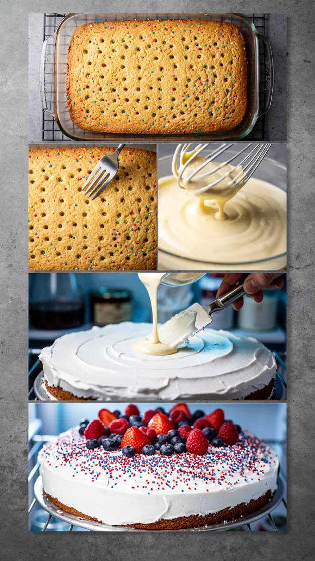 Step-by-step process for 4th Of July Funfetti Poke Cake Recipe (Red White & Blue)