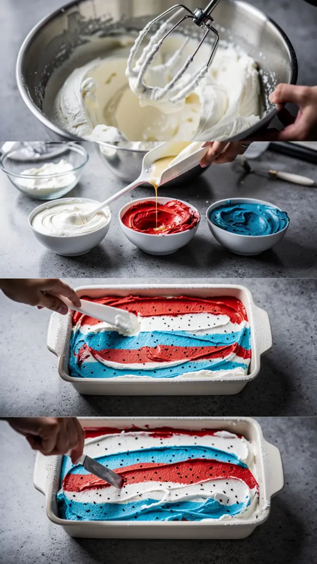 Step-by-step process for 4th Of July No-Churn Red White & Blue Swirl Ice Cream Recipe (3 Ingredients)