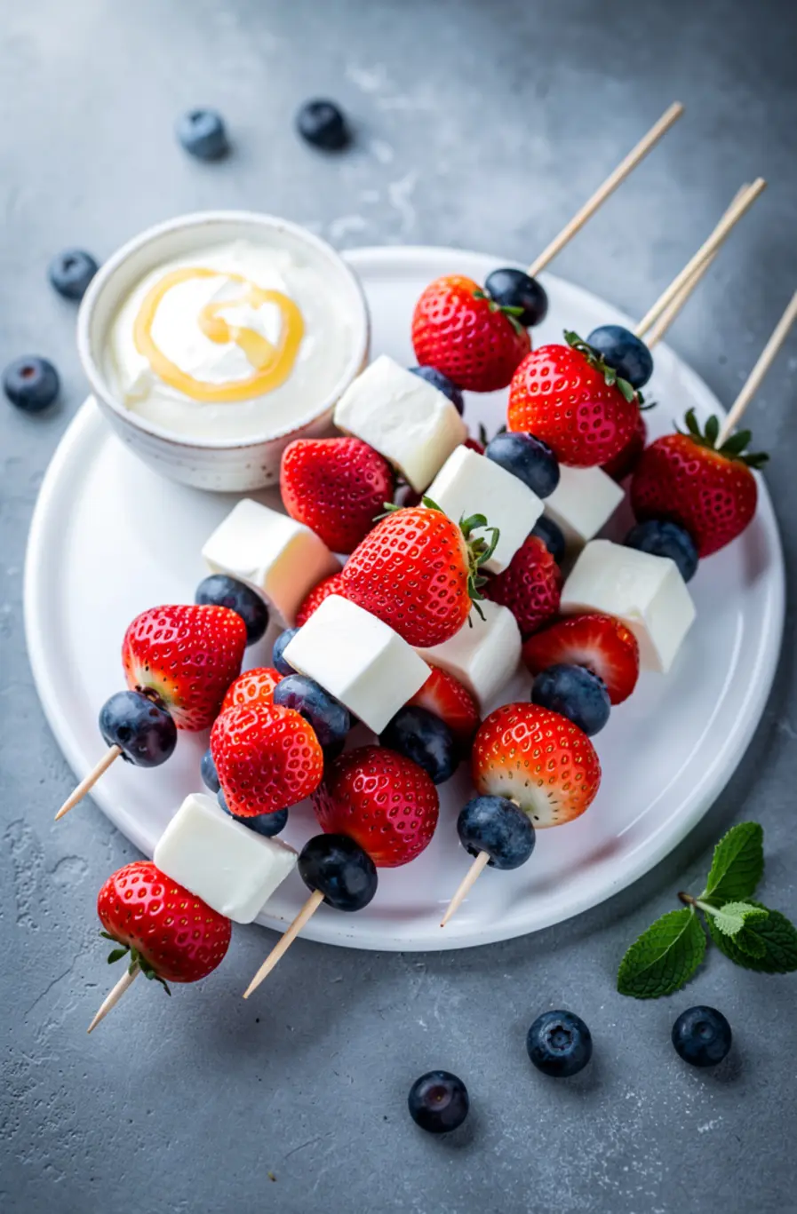 4th Of July Patriotic Fruit Skewers with Cream Cheese Dip Recipe (Red White & Blue) – finished dish