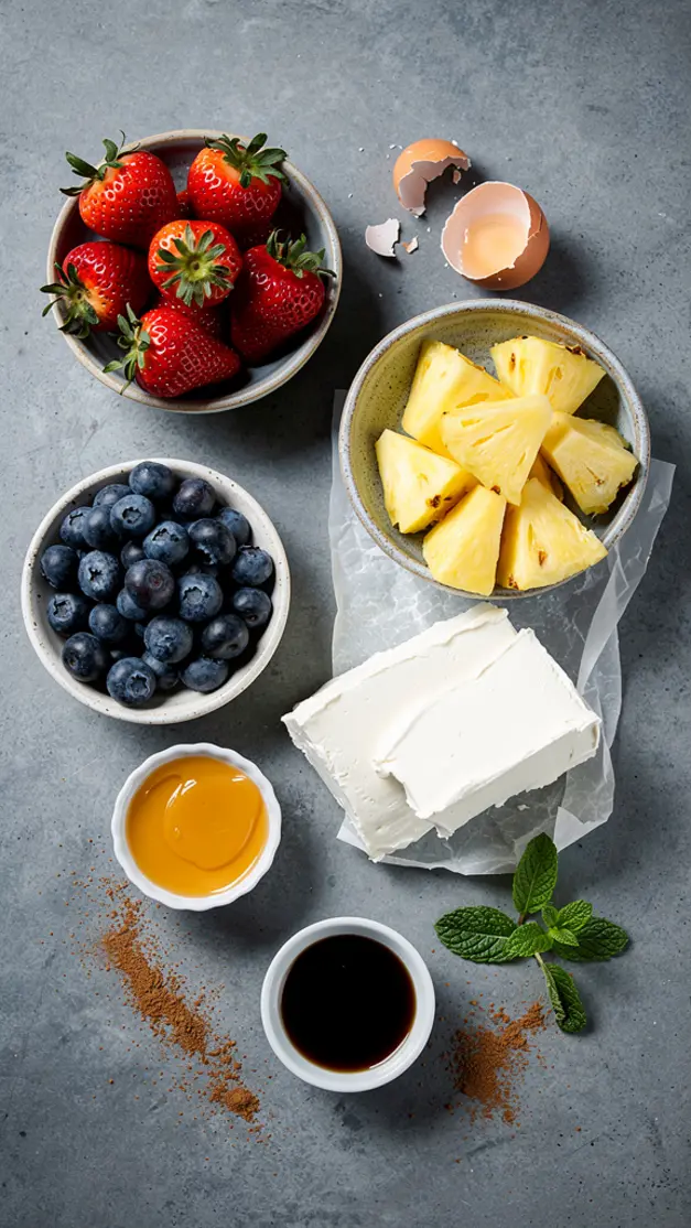 Ingredients for 4th Of July Patriotic Fruit Skewers with Cream Cheese Dip Recipe (Red White & Blue)