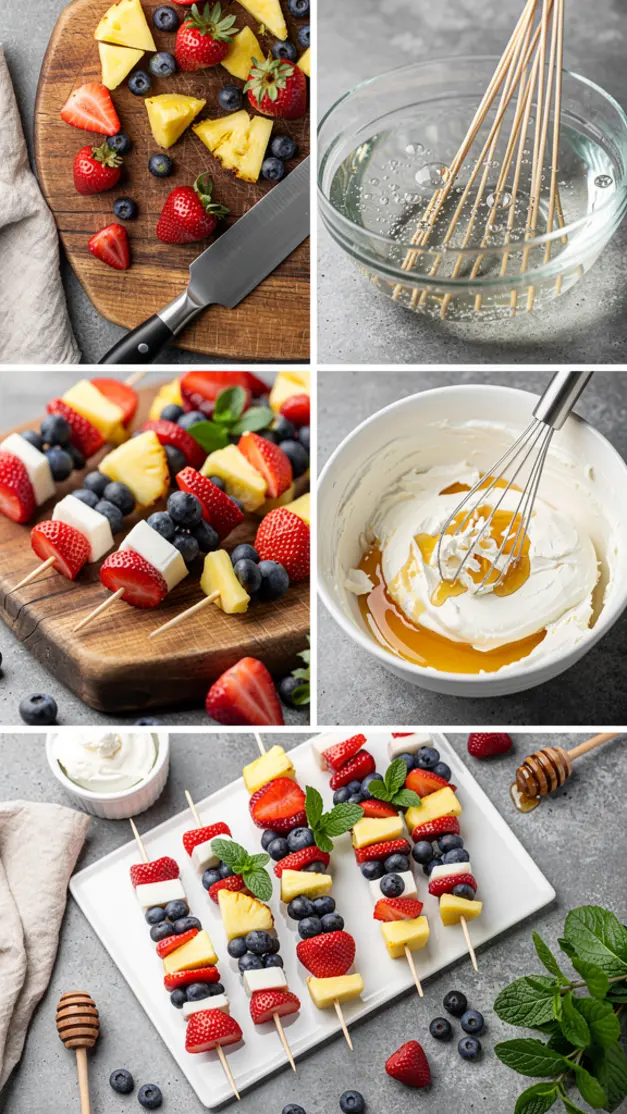 Step-by-step process for 4th Of July Patriotic Fruit Skewers with Cream Cheese Dip Recipe (Red White & Blue)