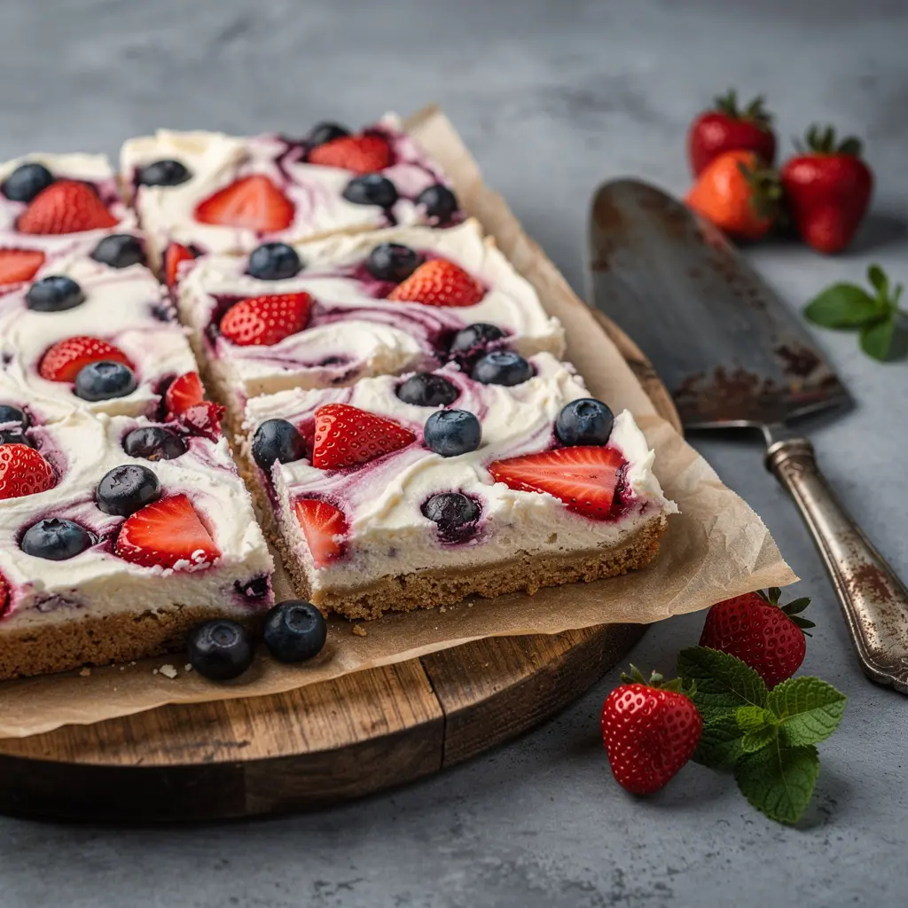 4th Of July Patriotic Strawberry Blueberry Cheesecake Flag Bars Recipe, easy patriotic dessert bars recipe, homemade red white and blue cheesecake bars, best 4th of July dessert recipe, how to make patriotic cheesecake flag bars