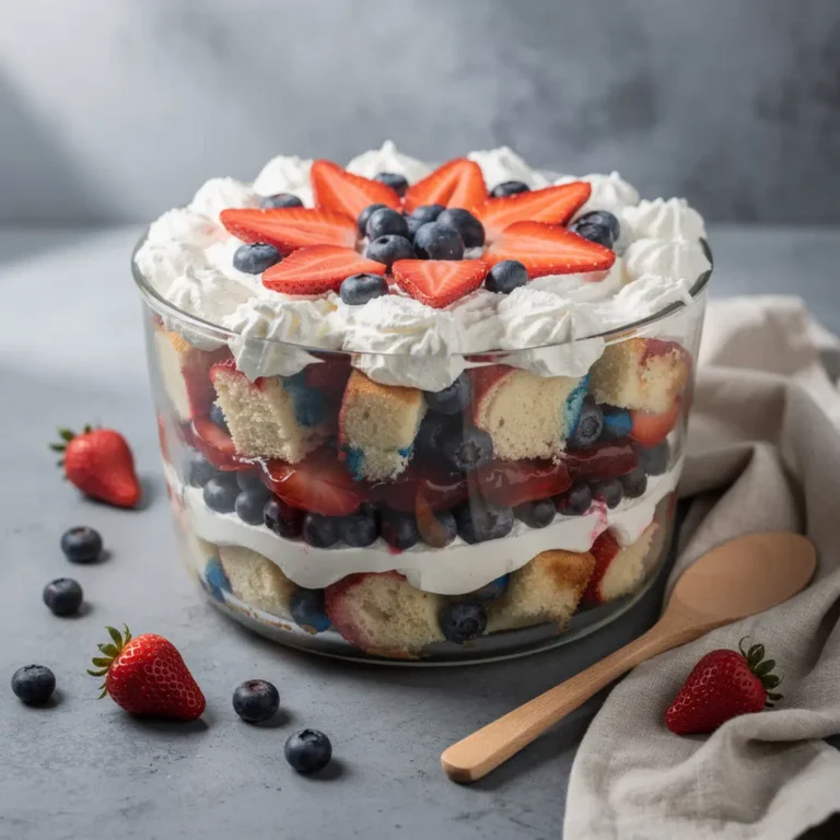 4th Of July Red White & Blue Trifle Recipe (No-Bake, 20 Minutes), easy 4th Of July trifle recipe, homemade red white and blue trifle, best no-bake patriotic dessert recipe, how to make 4th Of July trifle