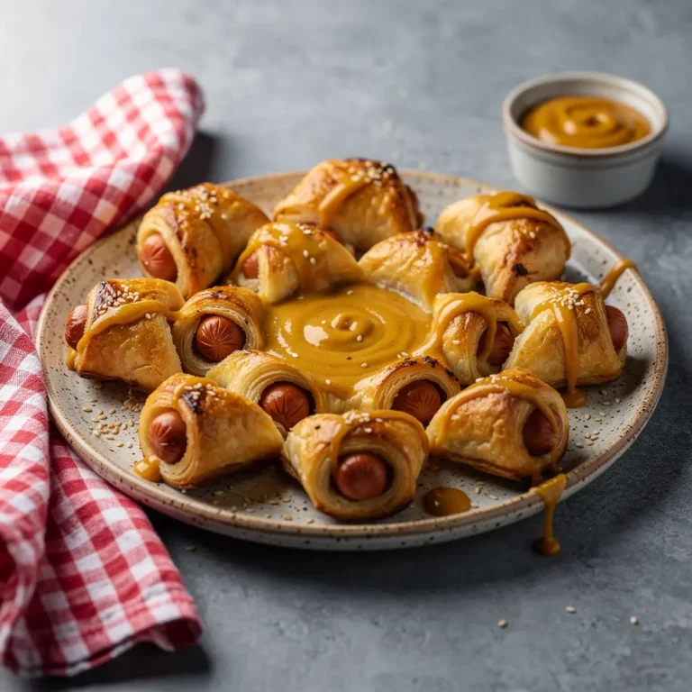 4th of July Mini Hot Dog Pigs in a Blanket with Spicy Honey Mustard Dip Recipe, easy 4th of July pigs in a blanket recipe, homemade spicy honey mustard dip for pigs in a blanket, best mini hot dog appetizers for parties, how to make 4th of July pigs in a blanket