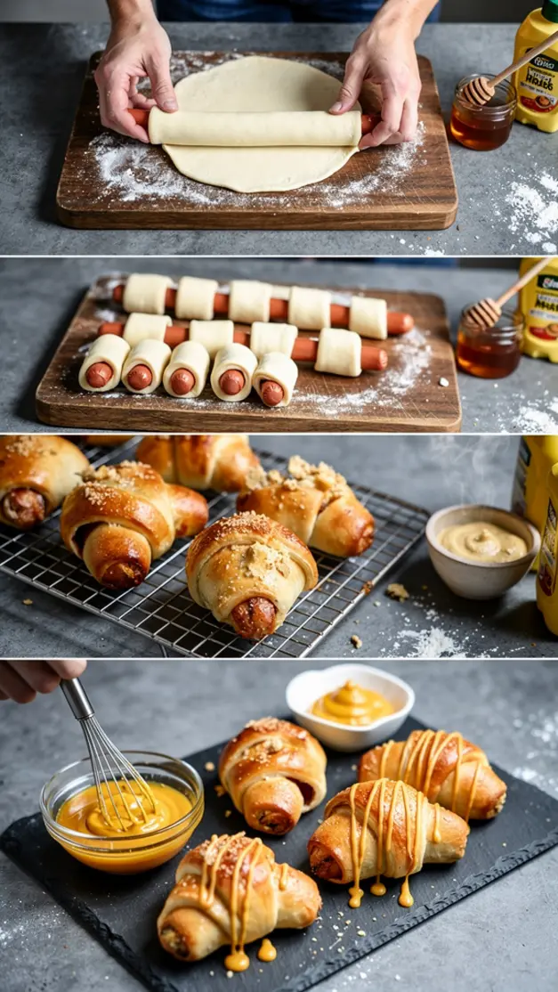 Step-by-step process for 4th of July Mini Hot Dog Pigs in a Blanket with Spicy Honey Mustard Dip Recipe