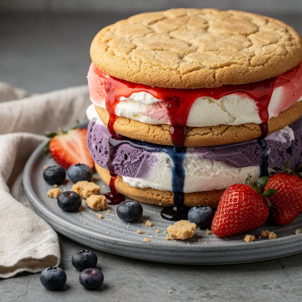 4th of July Red, White & Blueberry Ice Cream Sandwich Cake Recipe, easy 4th of July ice cream cake recipe, homemade patriotic ice cream cake, best red white and blueberry ice cream cake recipe, how to make 4th of July ice cream sandwich cake