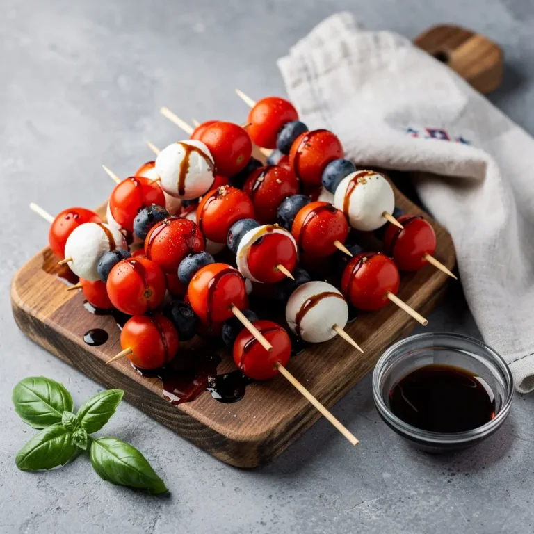 4th of July Red White and Blue Caprese Skewers with Balsamic Glaze Recipe, easy 4th of July Caprese skewers, homemade patriotic appetizers, best red white and blue skewers recipe, how to make 4th of July Caprese skewers