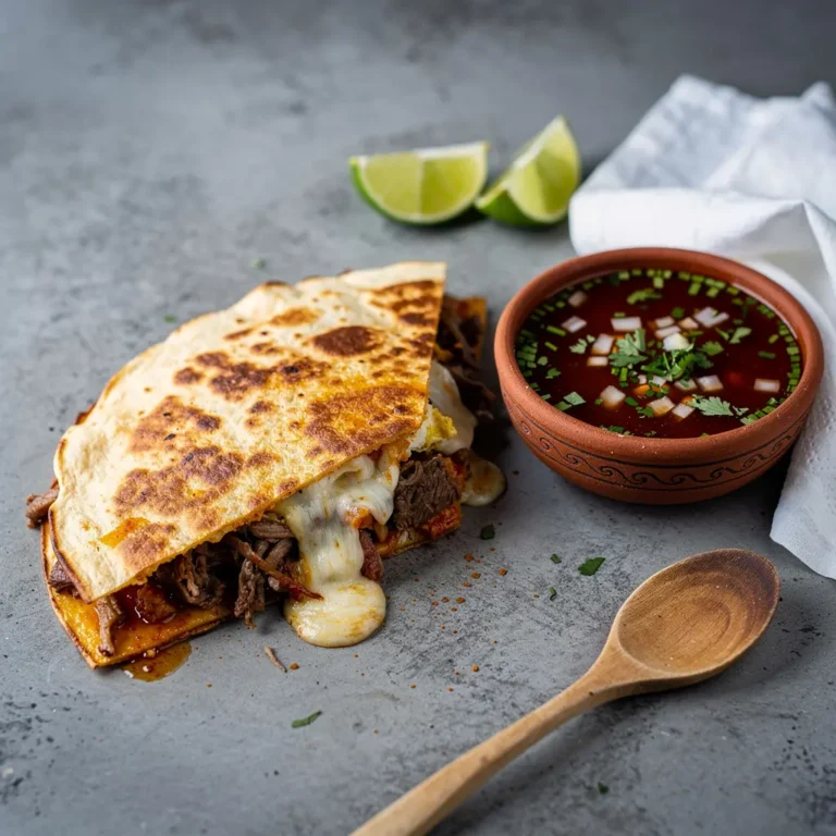 Birria-Style Breakfast Quesadilla with Consommé Dipping Sauce Recipe, easy Birria-Style Breakfast Quesadilla recipe, homemade Birria Breakfast Quesadilla, best Birria-Style Quesadilla recipe, how to make Birria Breakfast Quesadilla