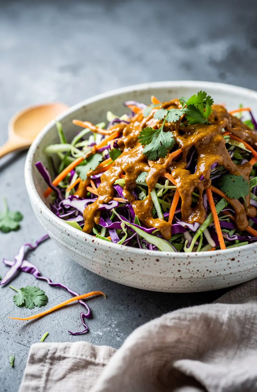 Cabbage Crush Slaw Bowls with Spicy Peanut Dressing Recipe – finished dish
