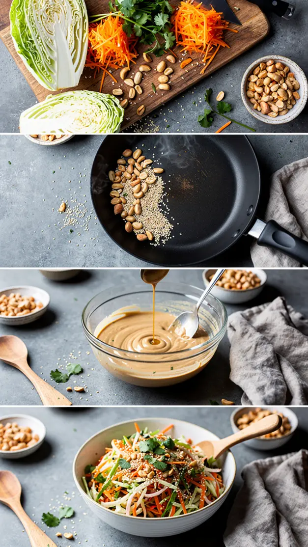 Step-by-step process for Cabbage Crush Slaw Bowls with Spicy Peanut Dressing Recipe