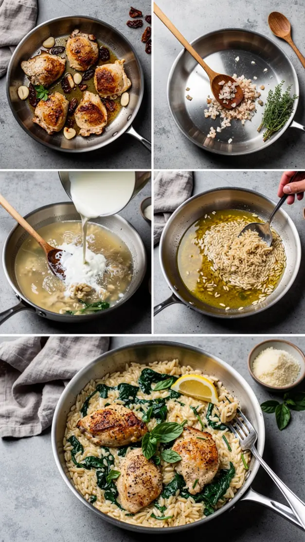 Step-by-step process for Creamy Tuscan Chicken Orzo Recipe (One Pan, 30 Minutes)