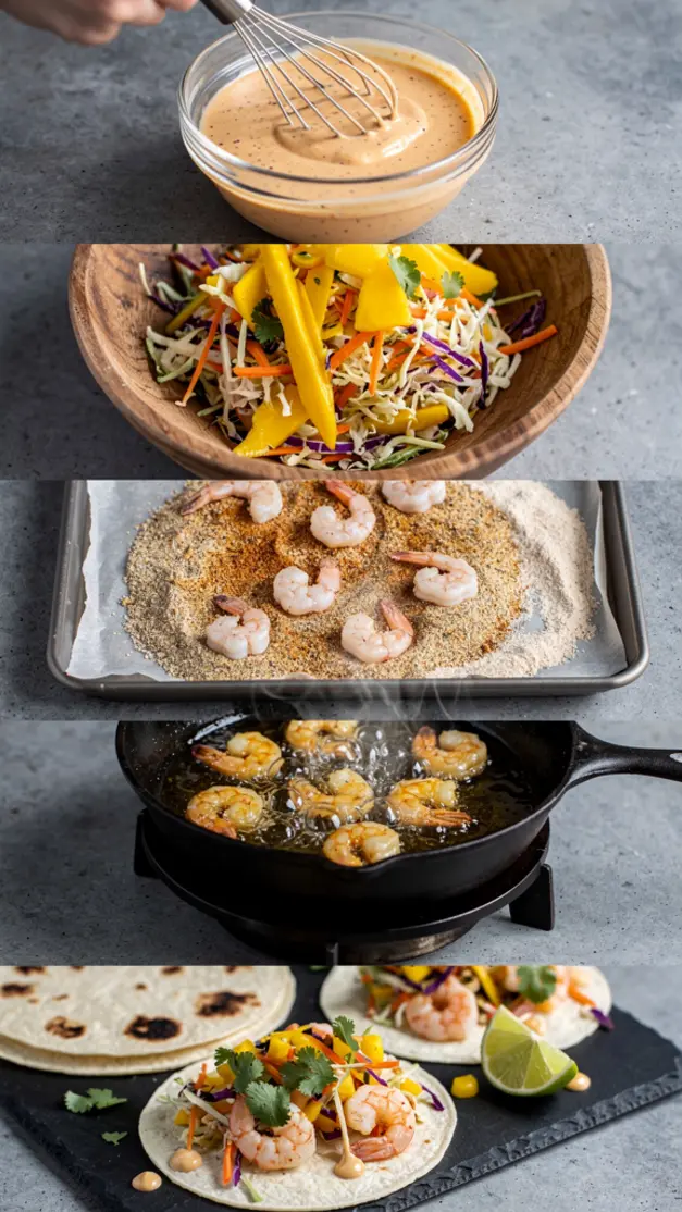 Step-by-step process for Crispy Shrimp Tacos with Mango Coleslaw & Chipotle Crema Recipe