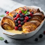Croissant French Toast Bake with Vanilla Custard & Fresh Berries Recipe, easy croissant French toast bake recipe, homemade vanilla custard French toast bake, best croissant French toast bake with berries recipe, how to make croissant French toast bake
