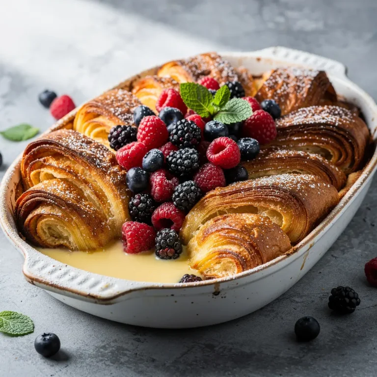 Croissant French Toast Bake with Vanilla Custard & Fresh Berries Recipe, easy croissant French toast bake recipe, homemade vanilla custard French toast bake, best croissant French toast bake with berries recipe, how to make croissant French toast bake