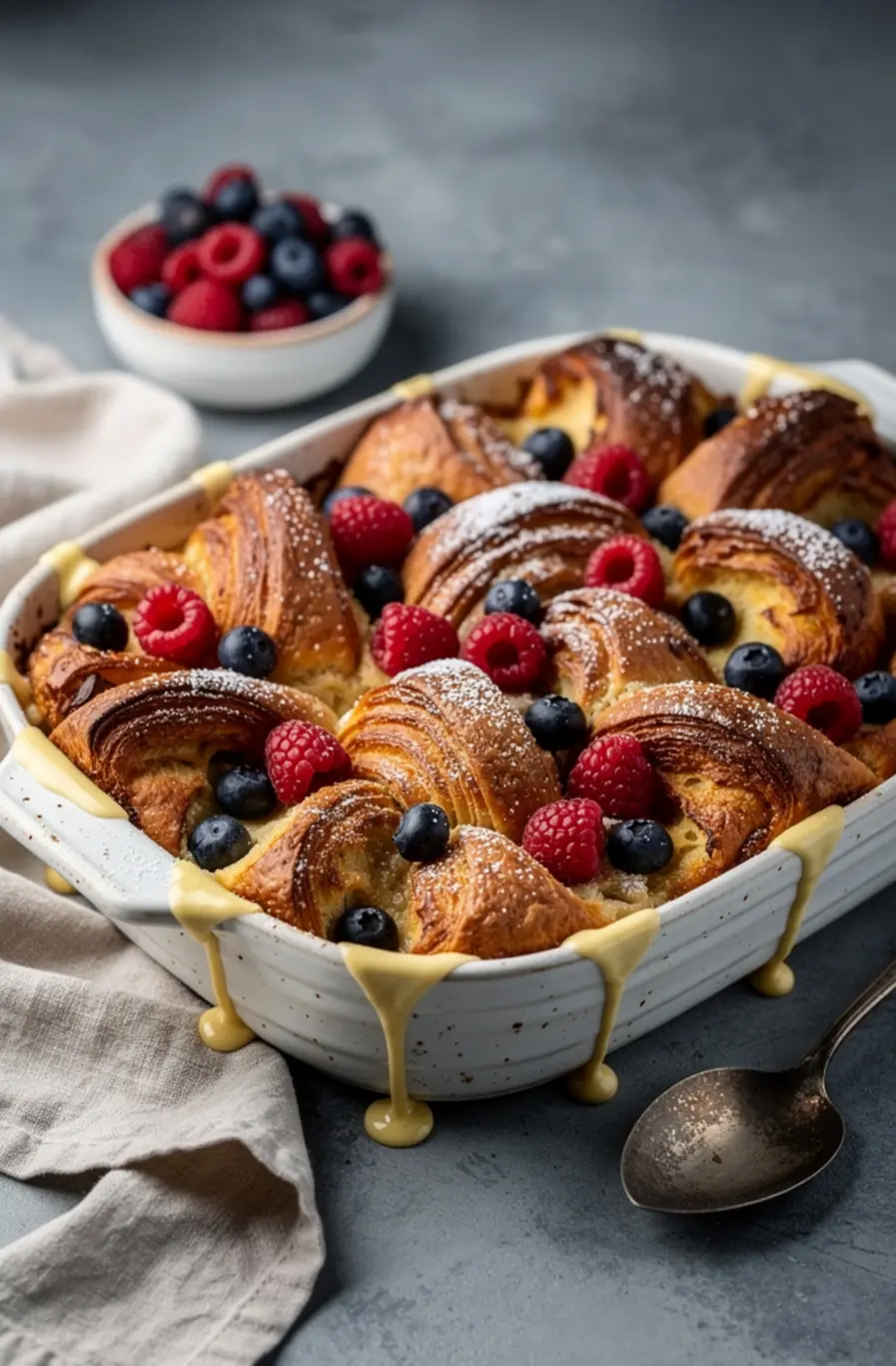 Croissant French Toast Bake with Vanilla Custard & Fresh Berries Recipe – finished dish