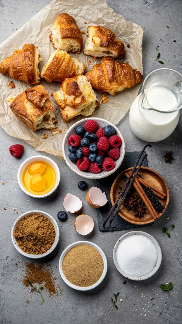 Ingredients for Croissant French Toast Bake with Vanilla Custard & Fresh Berries Recipe