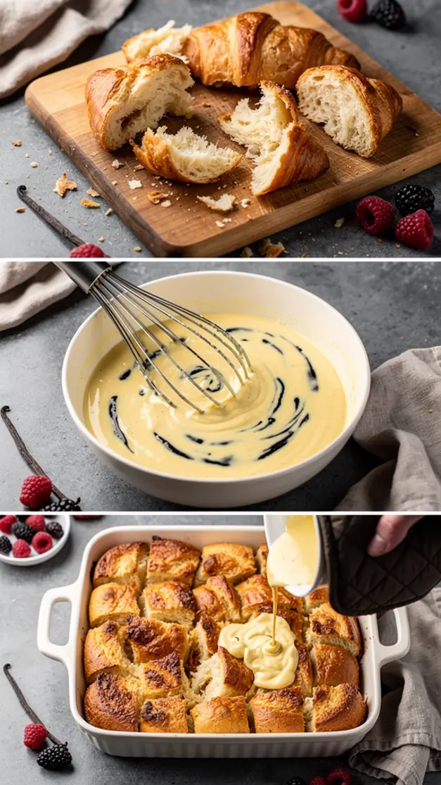 Step-by-step process for Croissant French Toast Bake with Vanilla Custard & Fresh Berries Recipe